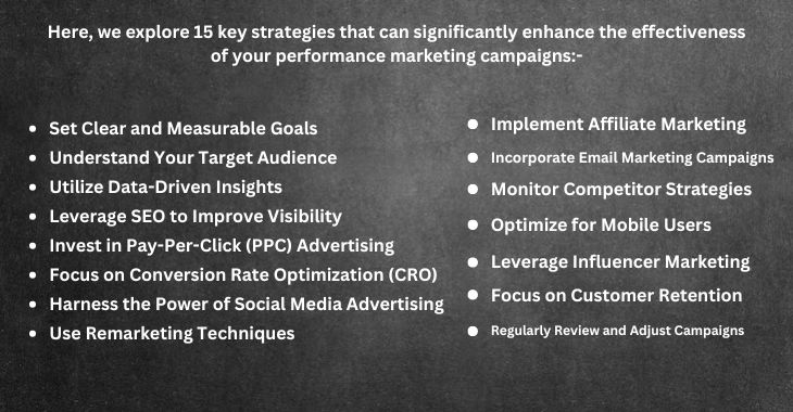 Here, we explore 15 key strategies that can significantly enhance the effectiveness of your performance marketing campaigns